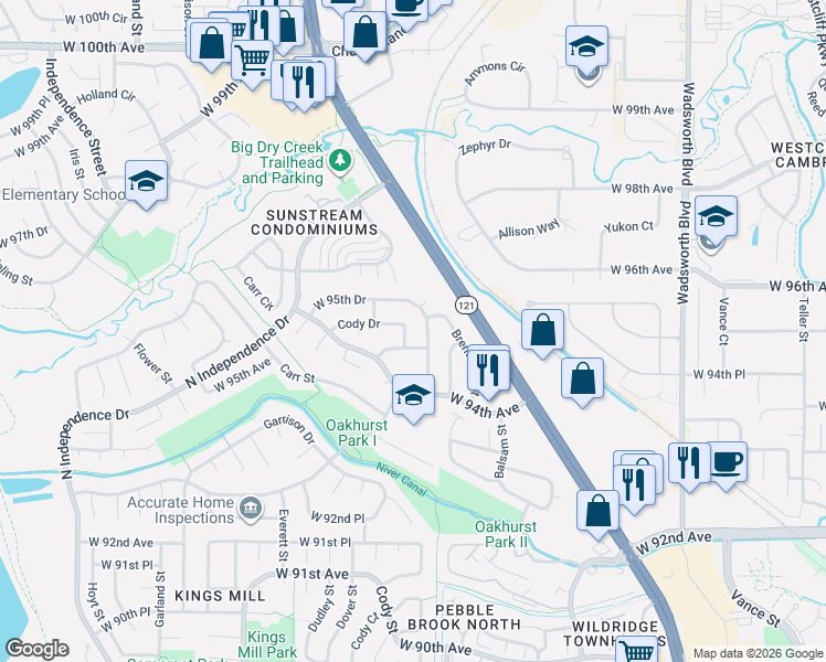 map of restaurants, bars, coffee shops, grocery stores, and more near 8470 West 95th Drive in Broomfield