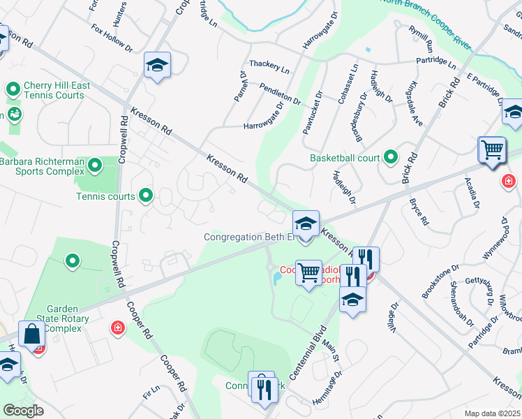 map of restaurants, bars, coffee shops, grocery stores, and more near 202 The Woods in Cherry Hill