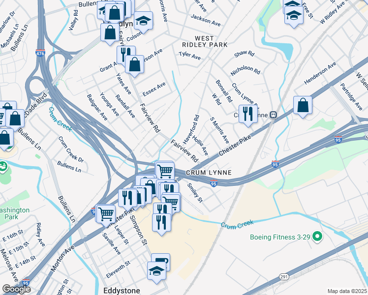 map of restaurants, bars, coffee shops, grocery stores, and more near 220 Fairview Road in Crum Lynne