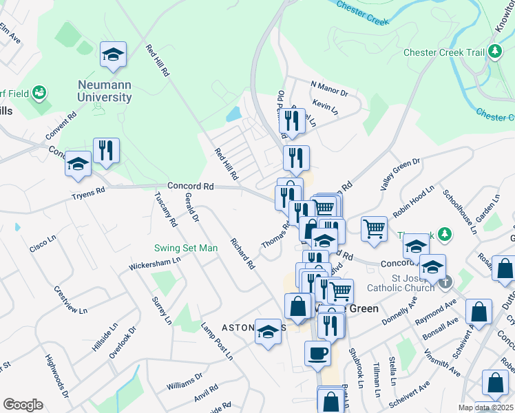 map of restaurants, bars, coffee shops, grocery stores, and more near 14 Colonial Circle in Aston