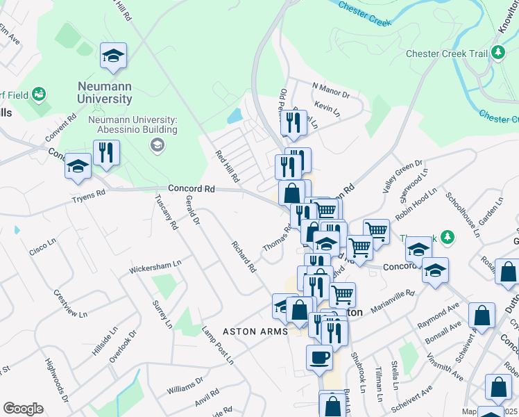 map of restaurants, bars, coffee shops, grocery stores, and more near 13 Colonial Circle in Aston