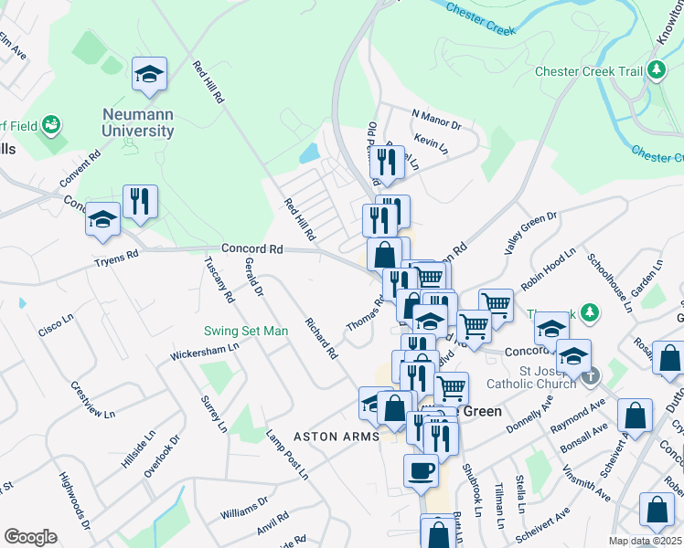 map of restaurants, bars, coffee shops, grocery stores, and more near 13 Colonial Circle in Aston