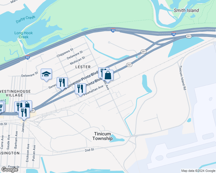 map of restaurants, bars, coffee shops, grocery stores, and more near 412 Powhattan Avenue in Tinicum Township