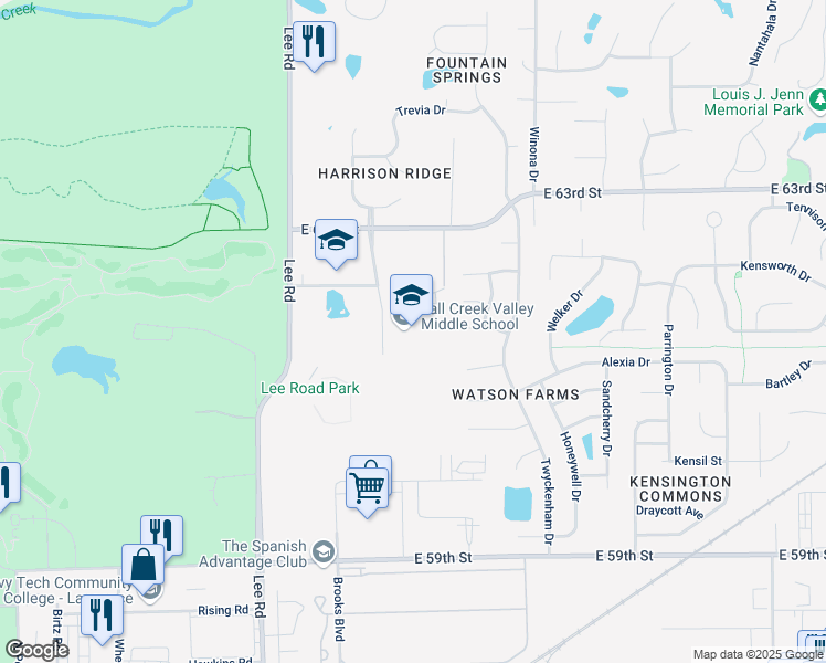 map of restaurants, bars, coffee shops, grocery stores, and more near 9701 East 63rd Street in Indianapolis