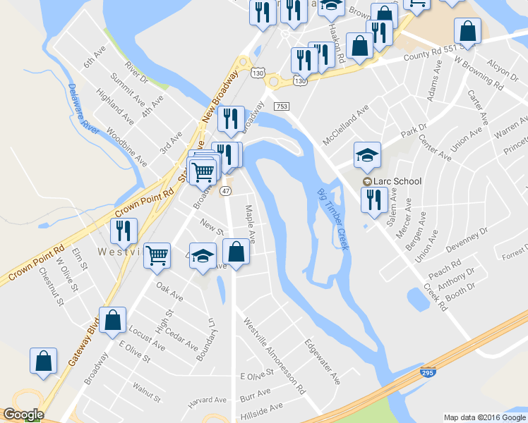map of restaurants, bars, coffee shops, grocery stores, and more near 123 Edgewater Ave in Westville