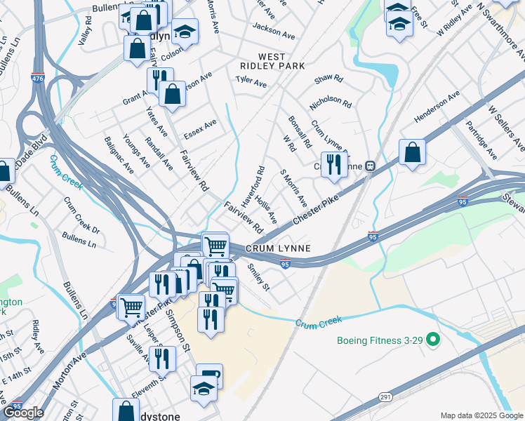 map of restaurants, bars, coffee shops, grocery stores, and more near 1200a Holland Street in Crum Lynne