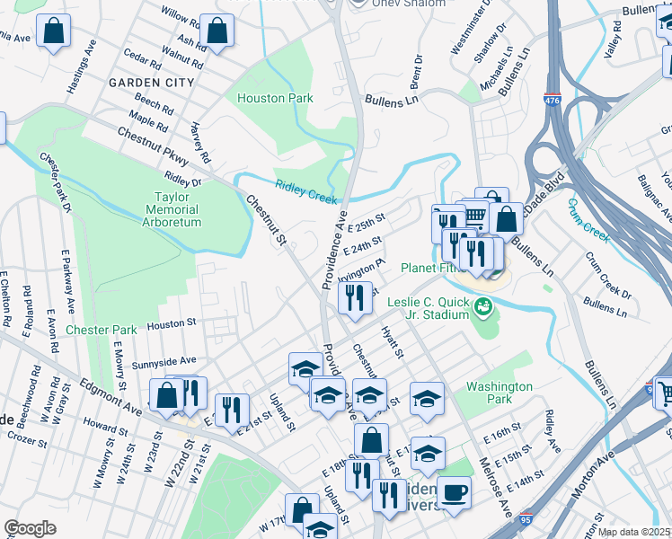 map of restaurants, bars, coffee shops, grocery stores, and more near 709 East 24th Street in Chester