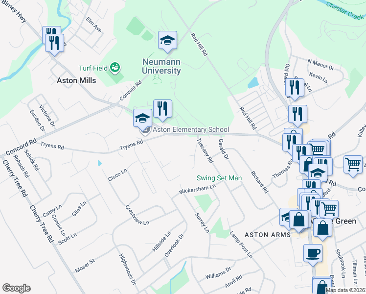 map of restaurants, bars, coffee shops, grocery stores, and more near 3931 Concord Road in Aston