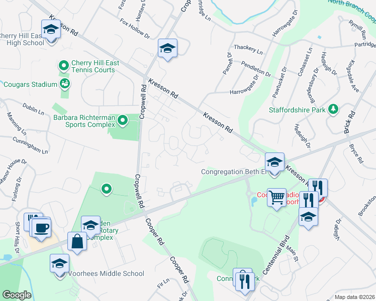 map of restaurants, bars, coffee shops, grocery stores, and more near 358 Chanticleer in Cherry Hill
