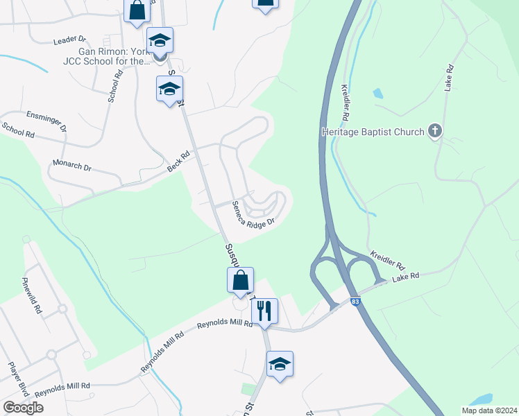 map of restaurants, bars, coffee shops, grocery stores, and more near 7301 North Sentinel Lane in York