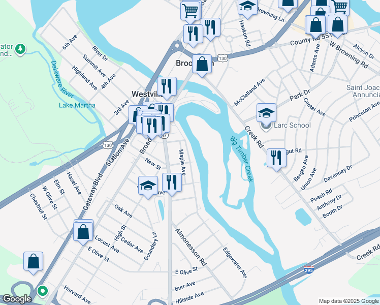 map of restaurants, bars, coffee shops, grocery stores, and more near 123 Edgewater Ave in Westville