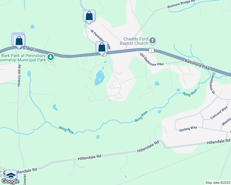 map of restaurants, bars, coffee shops, grocery stores, and more near 125 North Village Lane in Chadds Ford