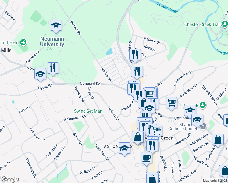 map of restaurants, bars, coffee shops, grocery stores, and more near 36 Colonial Circle in Aston