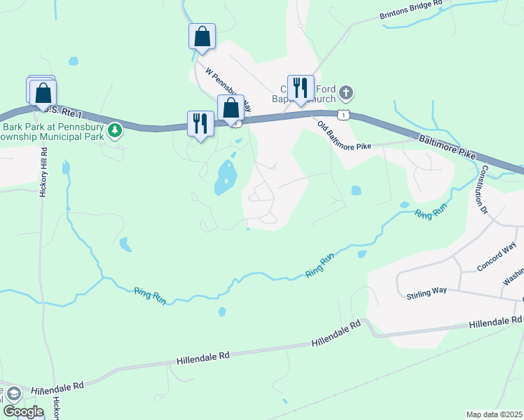 map of restaurants, bars, coffee shops, grocery stores, and more near 125 North Village Lane in Chadds Ford