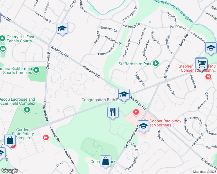 map of restaurants, bars, coffee shops, grocery stores, and more near 202 The Woods in Cherry Hill