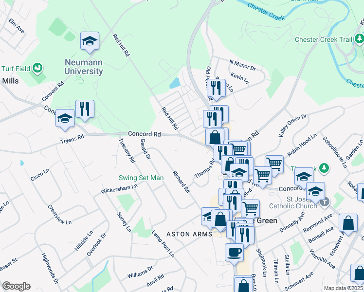 map of restaurants, bars, coffee shops, grocery stores, and more near 36 Colonial Circle in Aston