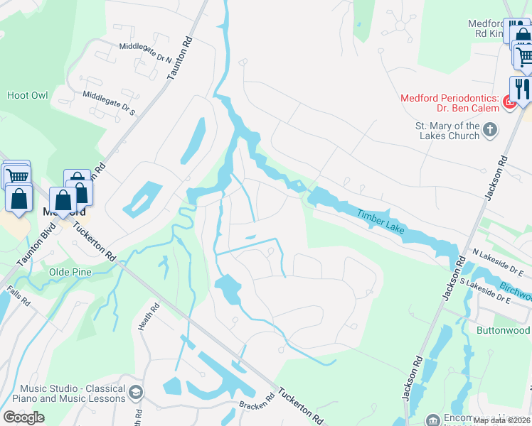 map of restaurants, bars, coffee shops, grocery stores, and more near 11 Pin Oak Trail in Medford