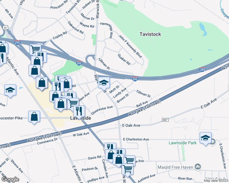 map of restaurants, bars, coffee shops, grocery stores, and more near 28 Mott Street in Lawnside