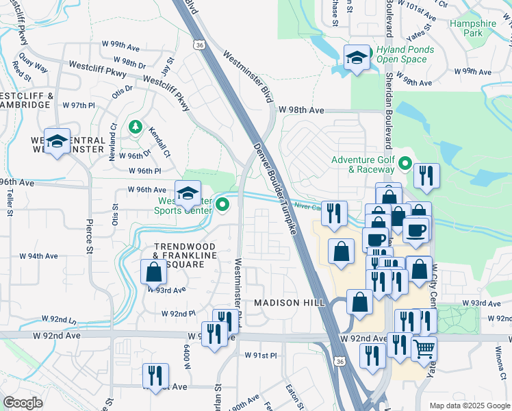 map of restaurants, bars, coffee shops, grocery stores, and more near 9566 Gray Street in Westminster