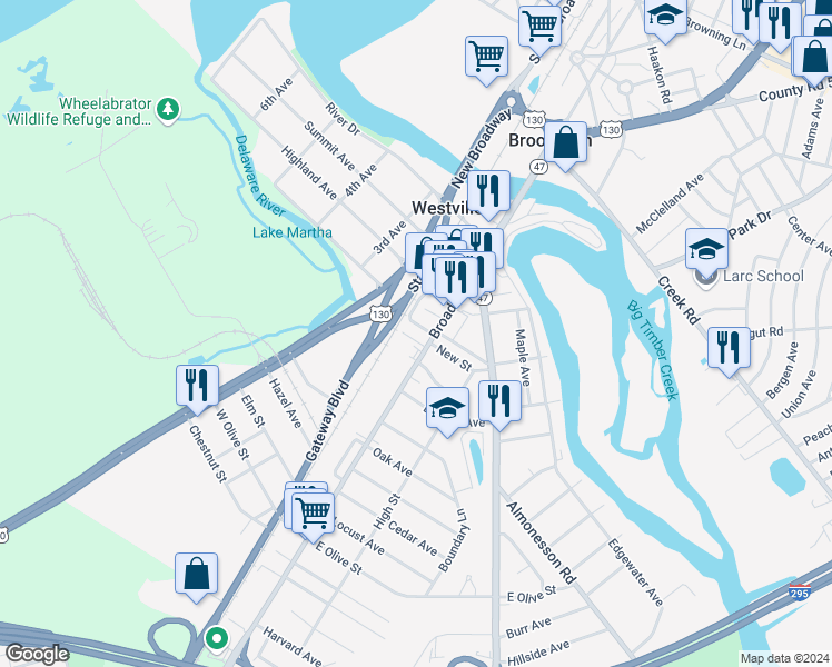 map of restaurants, bars, coffee shops, grocery stores, and more near 230 Broadway in Westville