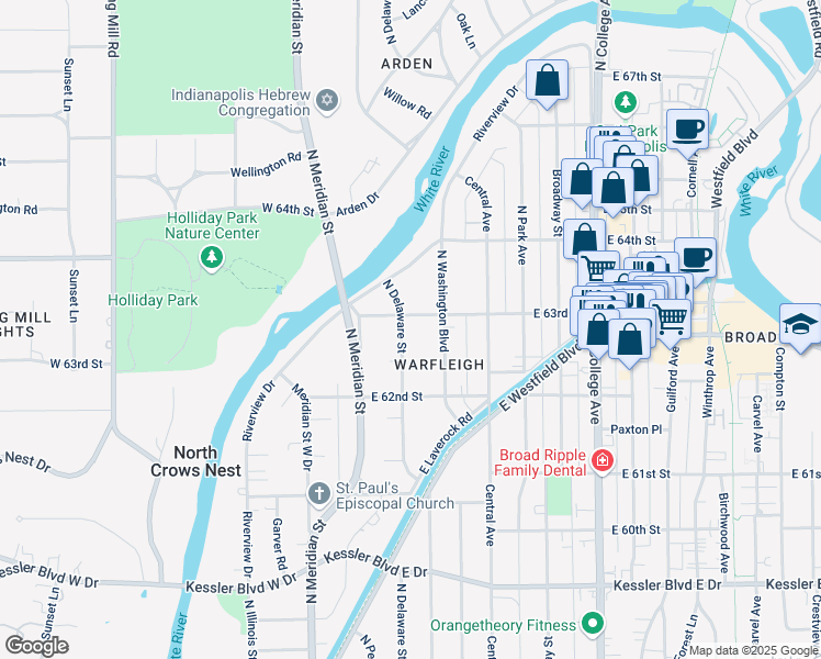 map of restaurants, bars, coffee shops, grocery stores, and more near 6262 North Delaware Street in Indianapolis