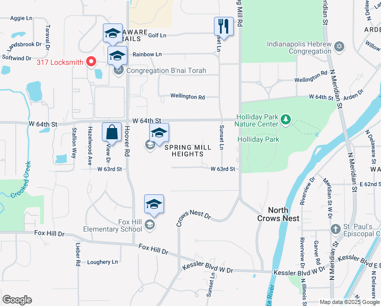map of restaurants, bars, coffee shops, grocery stores, and more near 611 Bryn Mawr Drive in Indianapolis