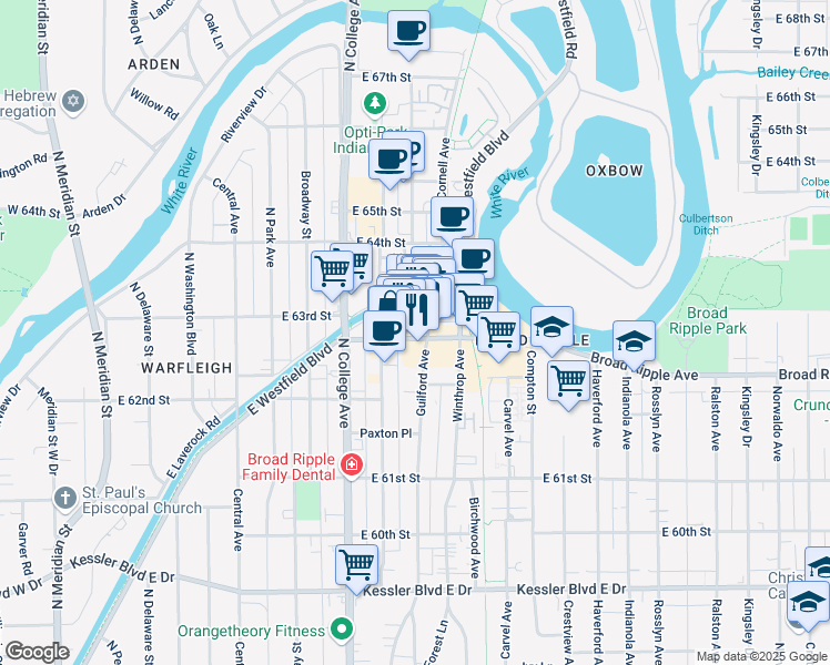 map of restaurants, bars, coffee shops, grocery stores, and more near 840 Broad Ripple Avenue in Indianapolis