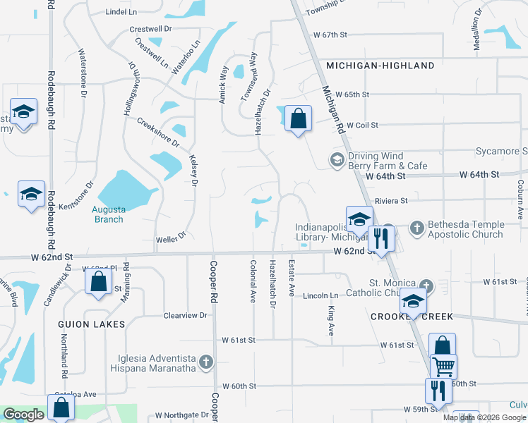 map of restaurants, bars, coffee shops, grocery stores, and more near 2820 Coopersmith Court in Indianapolis