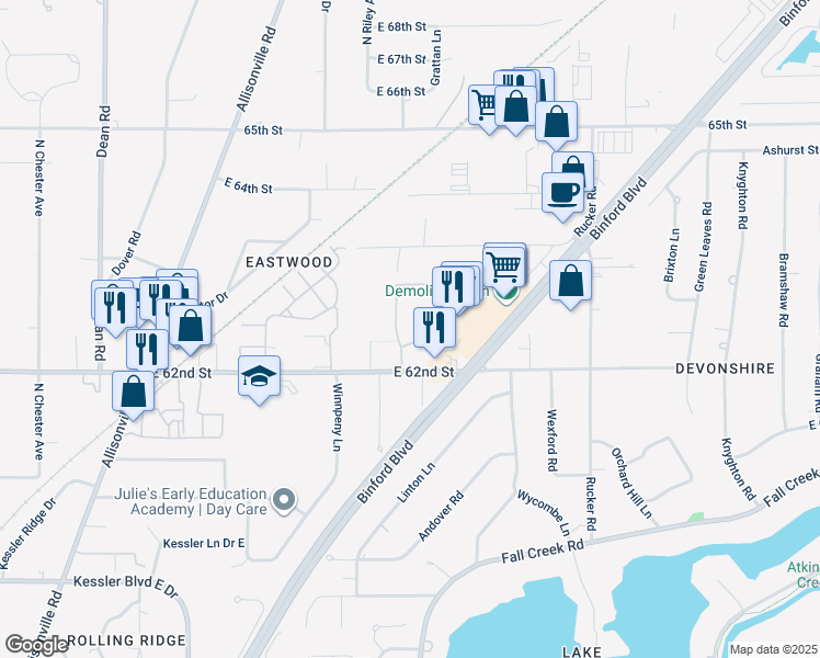 map of restaurants, bars, coffee shops, grocery stores, and more near 4850 East 62nd Street in Indianapolis