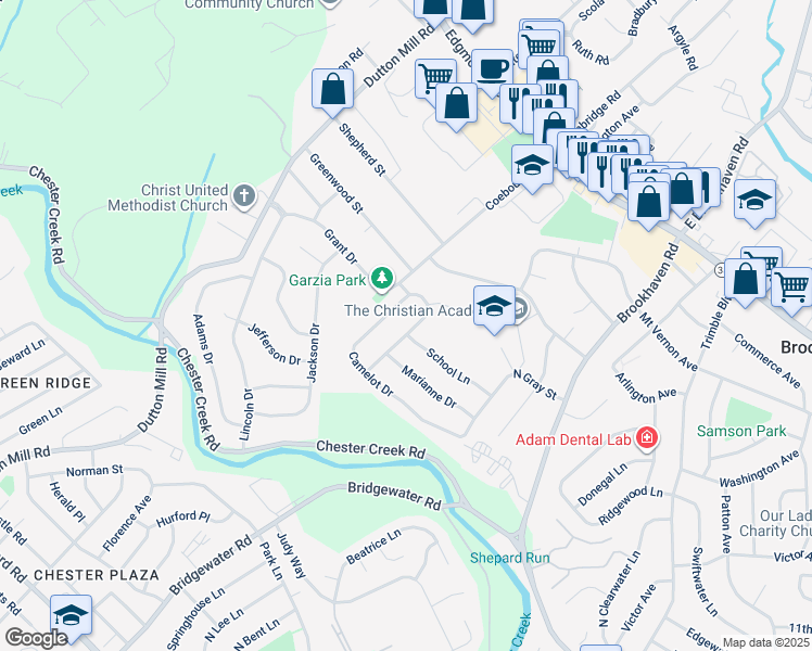 map of restaurants, bars, coffee shops, grocery stores, and more near 407 Sir Galahad Drive in Brookhaven