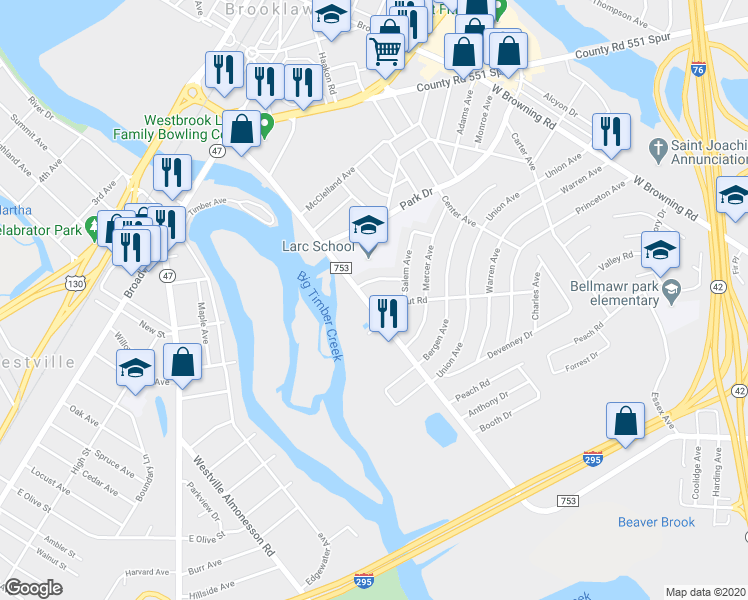 map of restaurants, bars, coffee shops, grocery stores, and more near 1063 Farragut Road in Bellmawr
