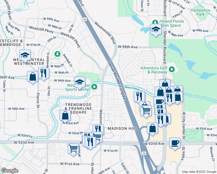 map of restaurants, bars, coffee shops, grocery stores, and more near 9566 Gray St in Westminster