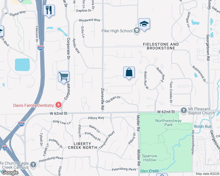 map of restaurants, bars, coffee shops, grocery stores, and more near 5539 Younkin Drive in Indianapolis
