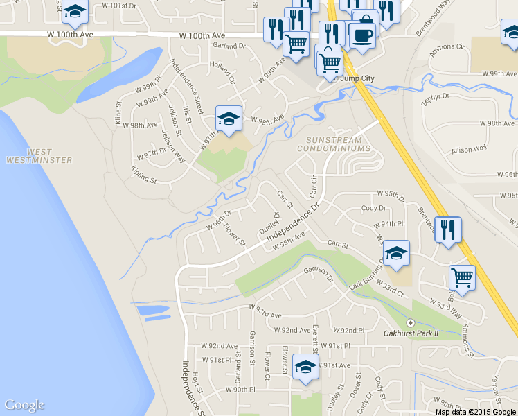 map of restaurants, bars, coffee shops, grocery stores, and more near 9586 Everett Court in Westminster