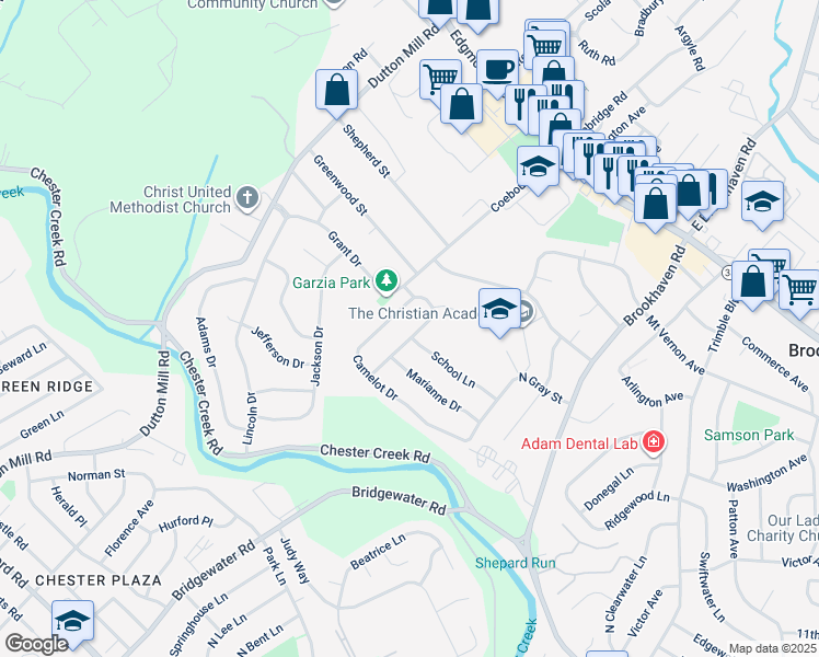 map of restaurants, bars, coffee shops, grocery stores, and more near 407 Sir Galahad Drive in Brookhaven