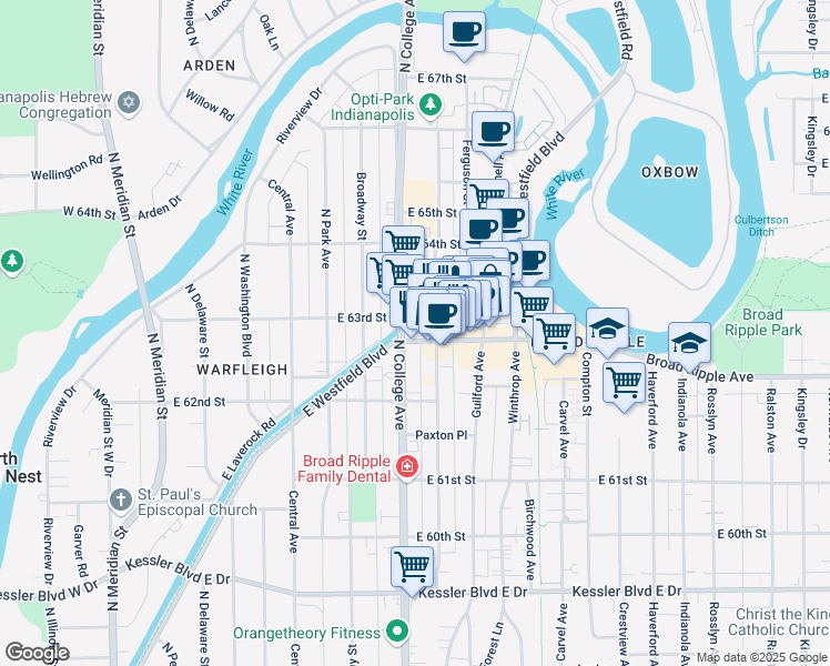 map of restaurants, bars, coffee shops, grocery stores, and more near 724 Broad Ripple Avenue in Indianapolis