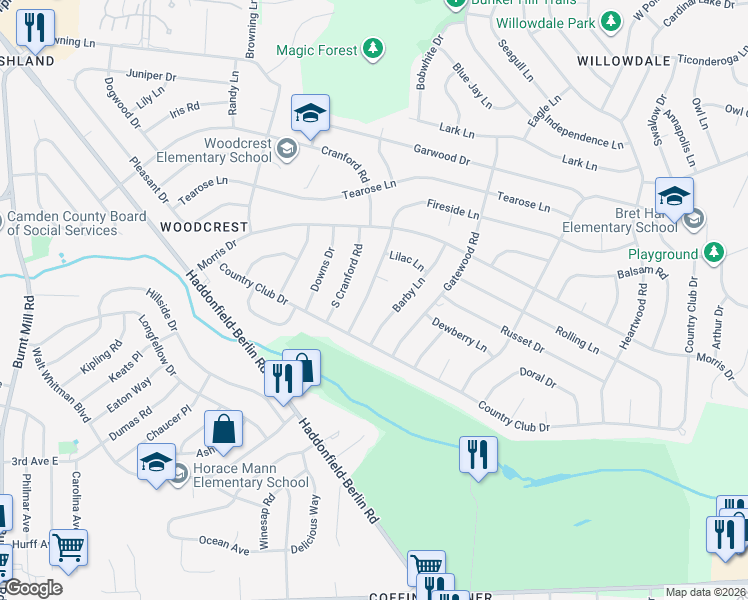 map of restaurants, bars, coffee shops, grocery stores, and more near 410 Fireside Lane in Cherry Hill