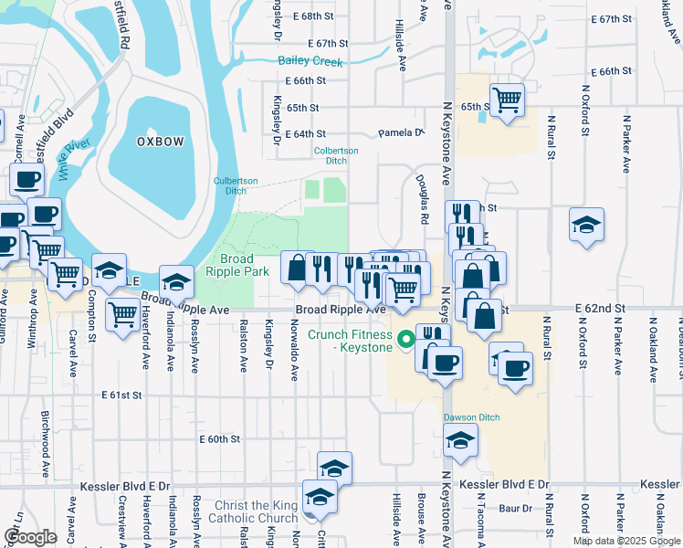 map of restaurants, bars, coffee shops, grocery stores, and more near 6240 Evanston Avenue in Indianapolis