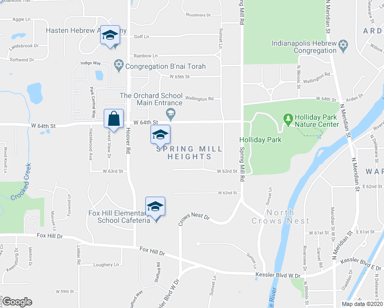 map of restaurants, bars, coffee shops, grocery stores, and more near 611 Bryn Mawr Drive in Indianapolis