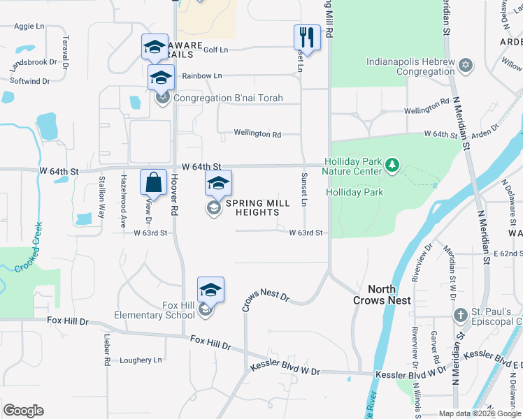 map of restaurants, bars, coffee shops, grocery stores, and more near 611 Bryn Mawr Drive in Indianapolis