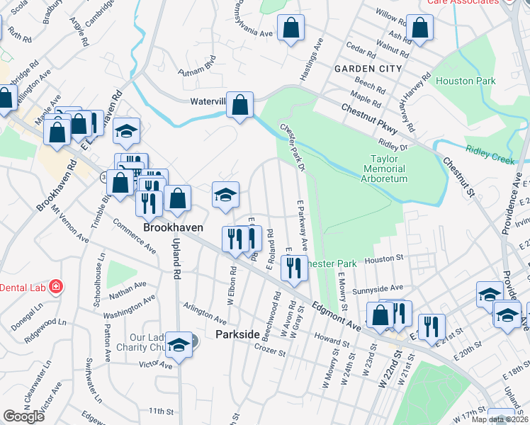 map of restaurants, bars, coffee shops, grocery stores, and more near 203 East Roland Road in Brookhaven