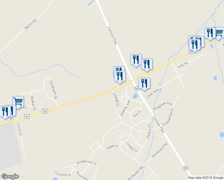 map of restaurants, bars, coffee shops, grocery stores, and more near York Road & Village Drive in New Oxford