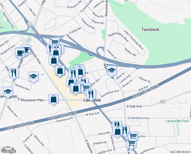 map of restaurants, bars, coffee shops, grocery stores, and more near 213 Bryant Avenue in Lawnside