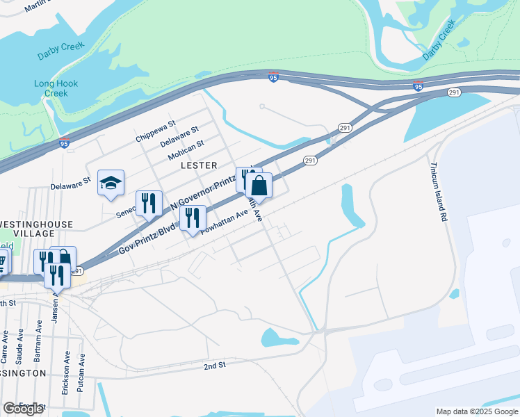 map of restaurants, bars, coffee shops, grocery stores, and more near 405 Powhattan Avenue in Tinicum Township
