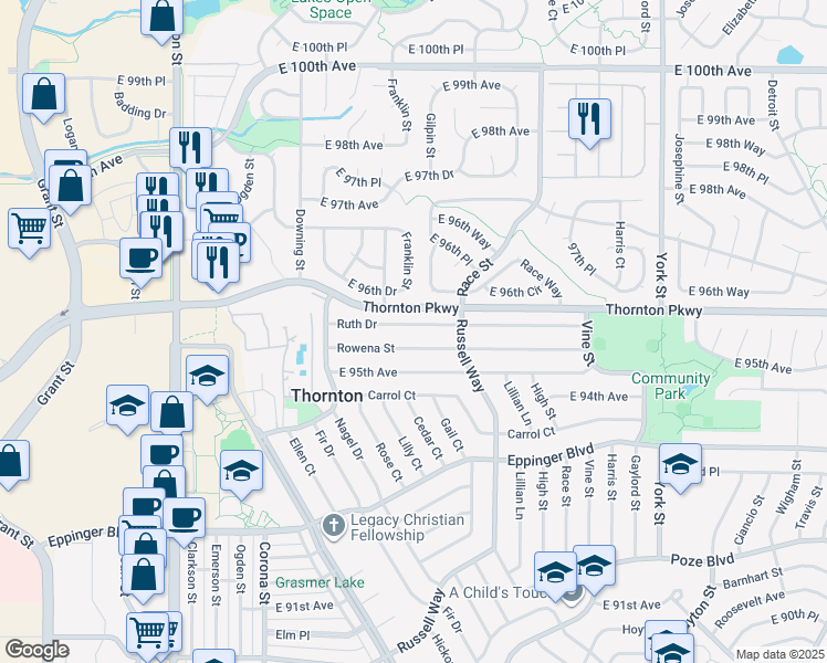 map of restaurants, bars, coffee shops, grocery stores, and more near 1420 Ruth Drive in Thornton