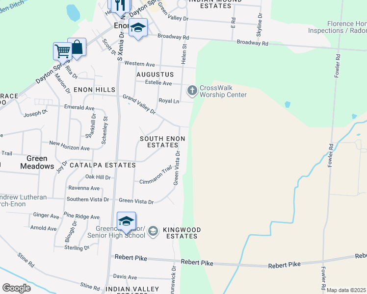 map of restaurants, bars, coffee shops, grocery stores, and more near 411 Green Vista Drive in Enon