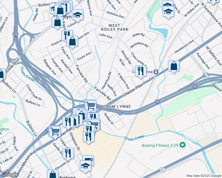 map of restaurants, bars, coffee shops, grocery stores, and more near 1200a Holland Street in Crum Lynne