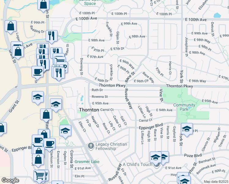 map of restaurants, bars, coffee shops, grocery stores, and more near 1420 Ruth Drive in Thornton