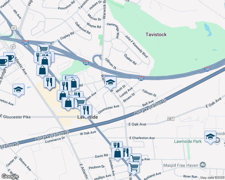 map of restaurants, bars, coffee shops, grocery stores, and more near 149 Warwick Road in Lawnside