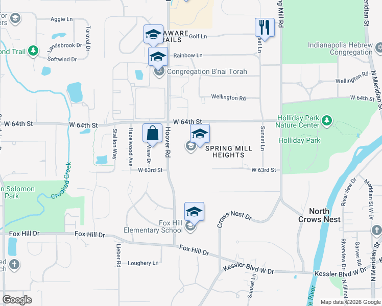 map of restaurants, bars, coffee shops, grocery stores, and more near 615 West 64th Street in Indianapolis